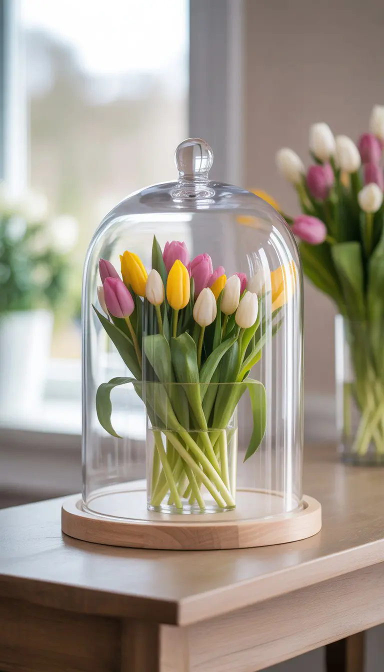A glass cloche dome on a wooden table showcasing a bouquet of fresh tulips.