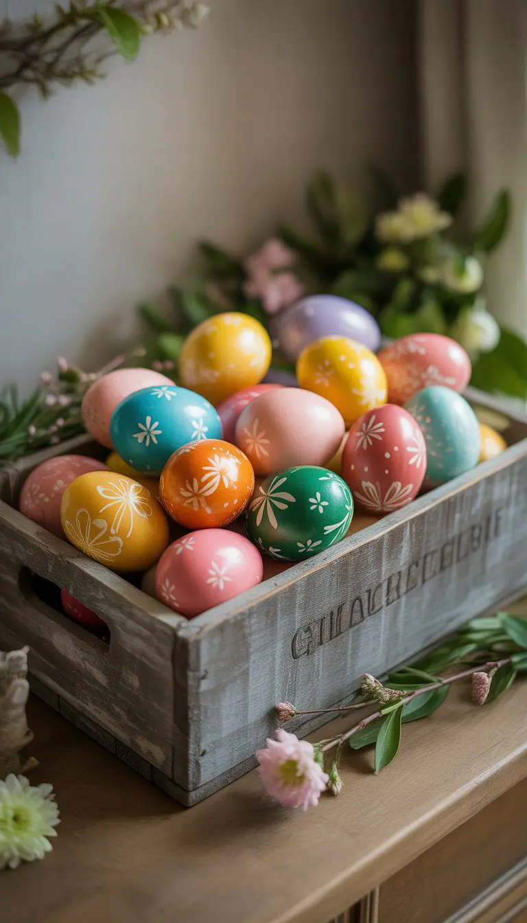 A rustic wooden crate filled with brightly painted Easter eggs on a wooden table with spring decorations.