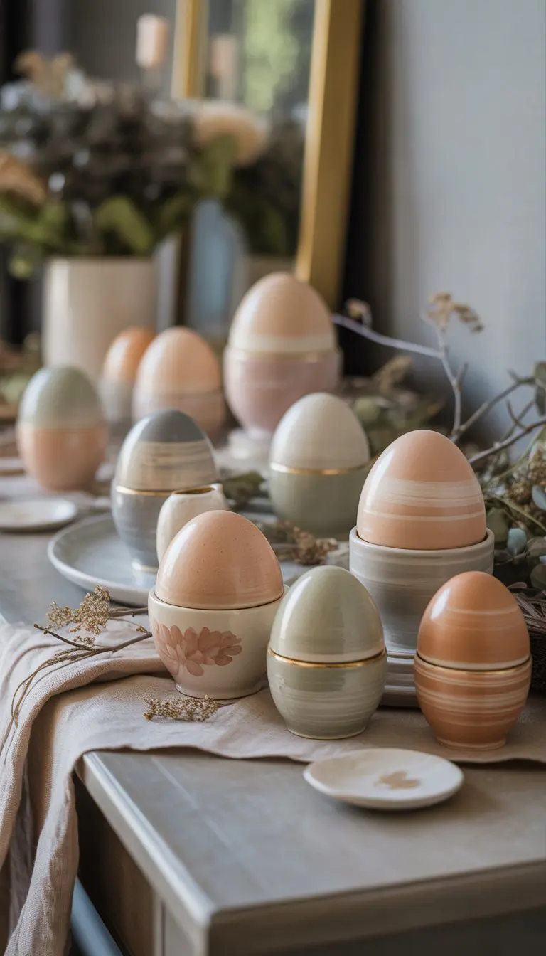 A collection of hand-painted ceramic egg holders in muted colors arranged on an entryway table decorated for Easter.