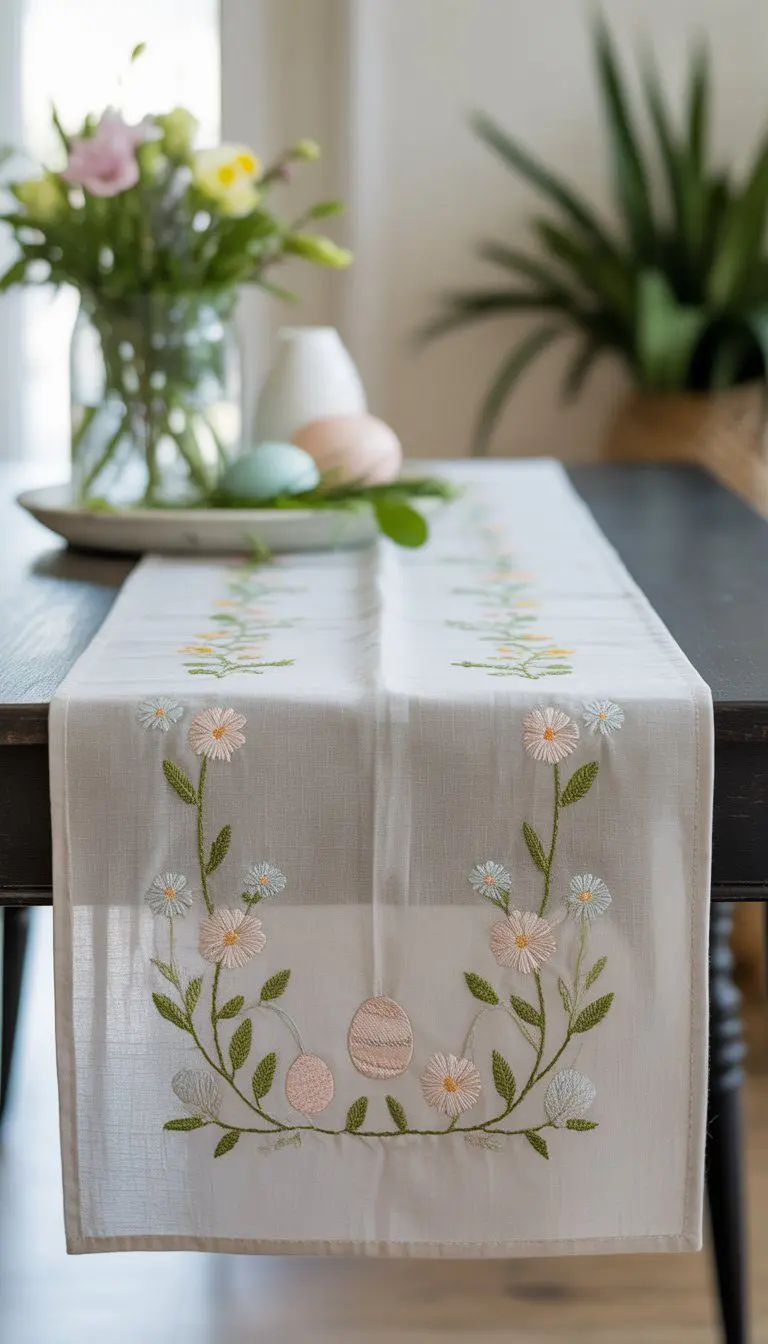 Entryway table with a linen runner embroidered with spring flowers and Easter motifs, decorated with fresh flowers in a vase.