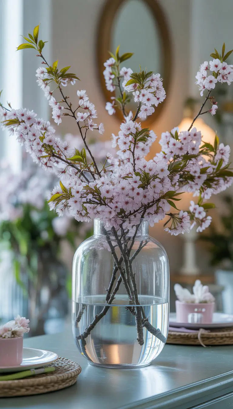 Clear glass vase with blooming cherry blossom branches on an entryway table decorated for Easter.