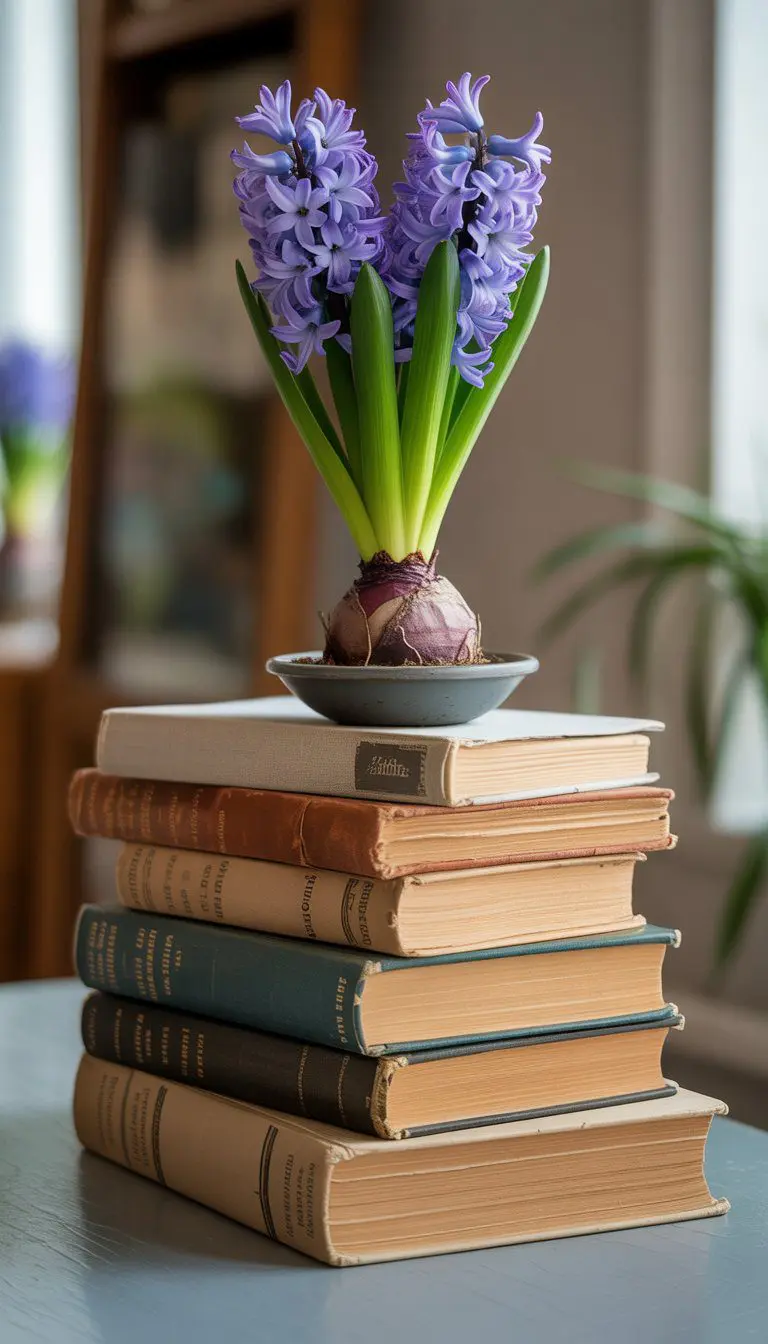 A stack of old books with a small potted hyacinth plant on top placed on an entryway table.