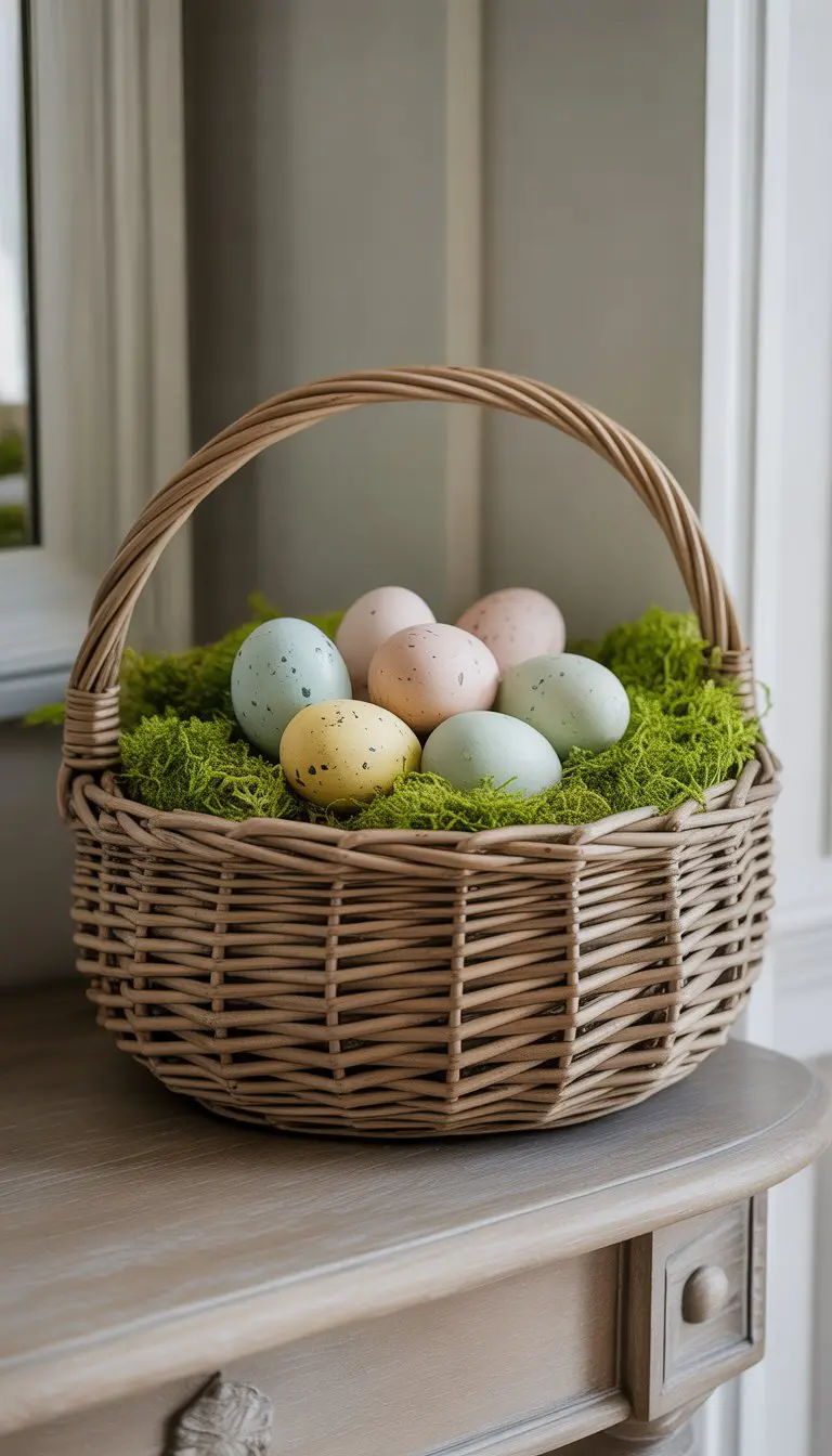 Wicker basket filled with natural moss and speckled eggs placed on a wooden entryway table.