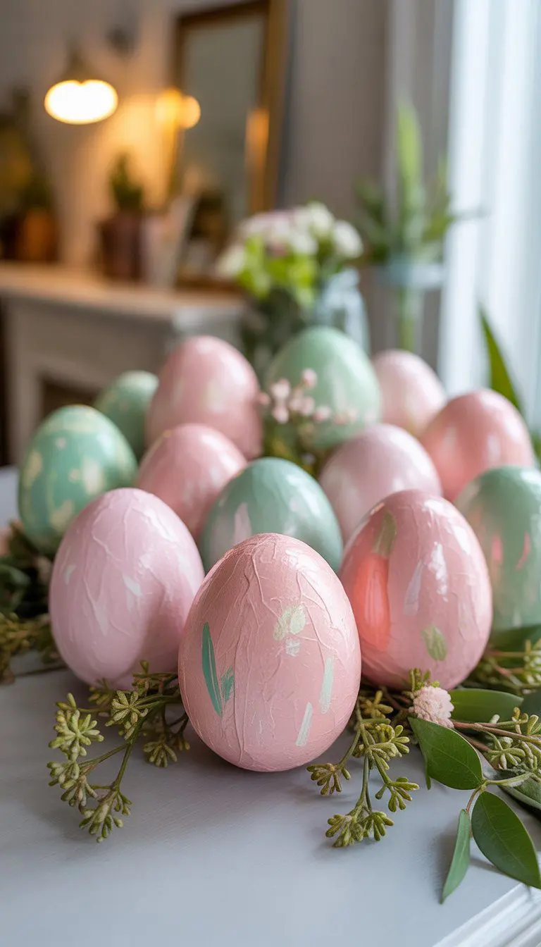 A collection of pastel pink and green papier-mâché Easter eggs displayed on an entryway table with spring decor.