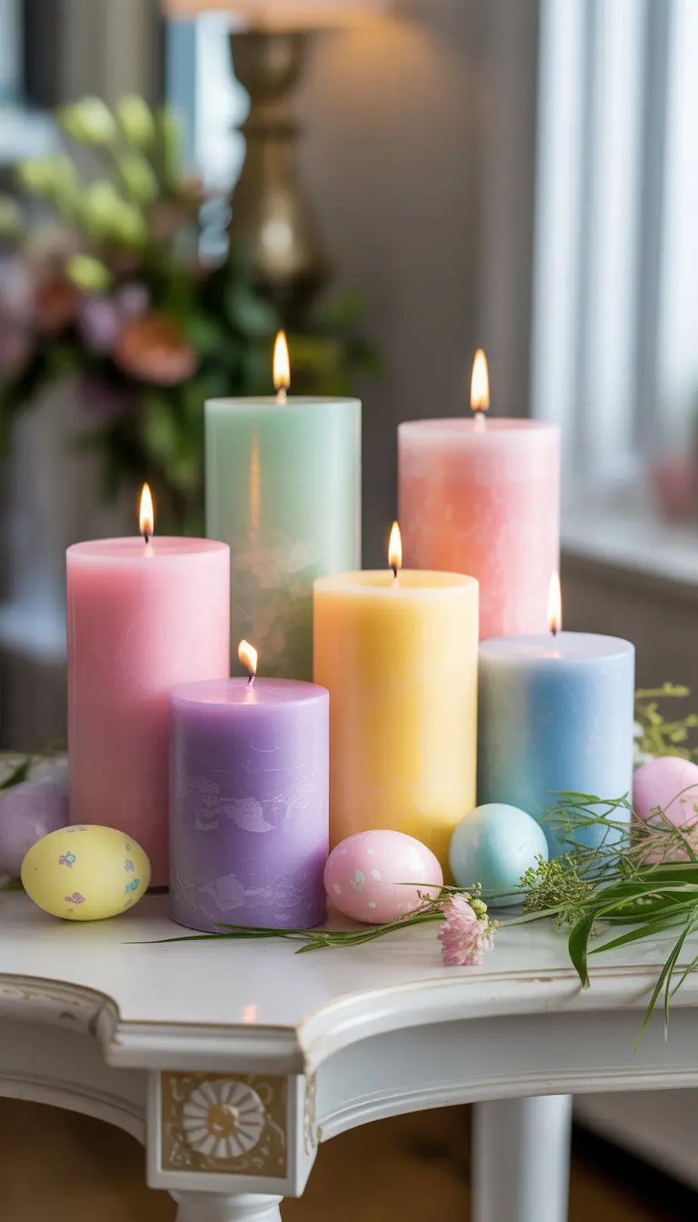 A set of pastel-colored pillar candles in varying heights arranged on an entryway table with spring decorations.
