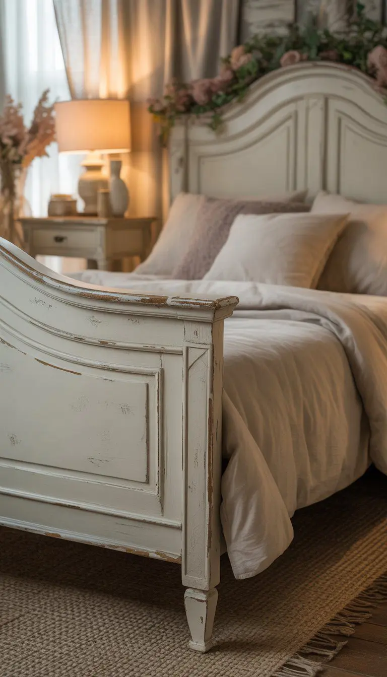 A white wooden bed frame with worn paint in a softly lit bedroom with neutral bedding and vintage decor.