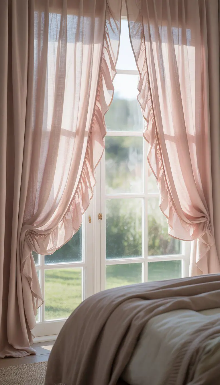 A bright bedroom with soft pastel linen curtains gently ruffled by a large window, filled with natural light.