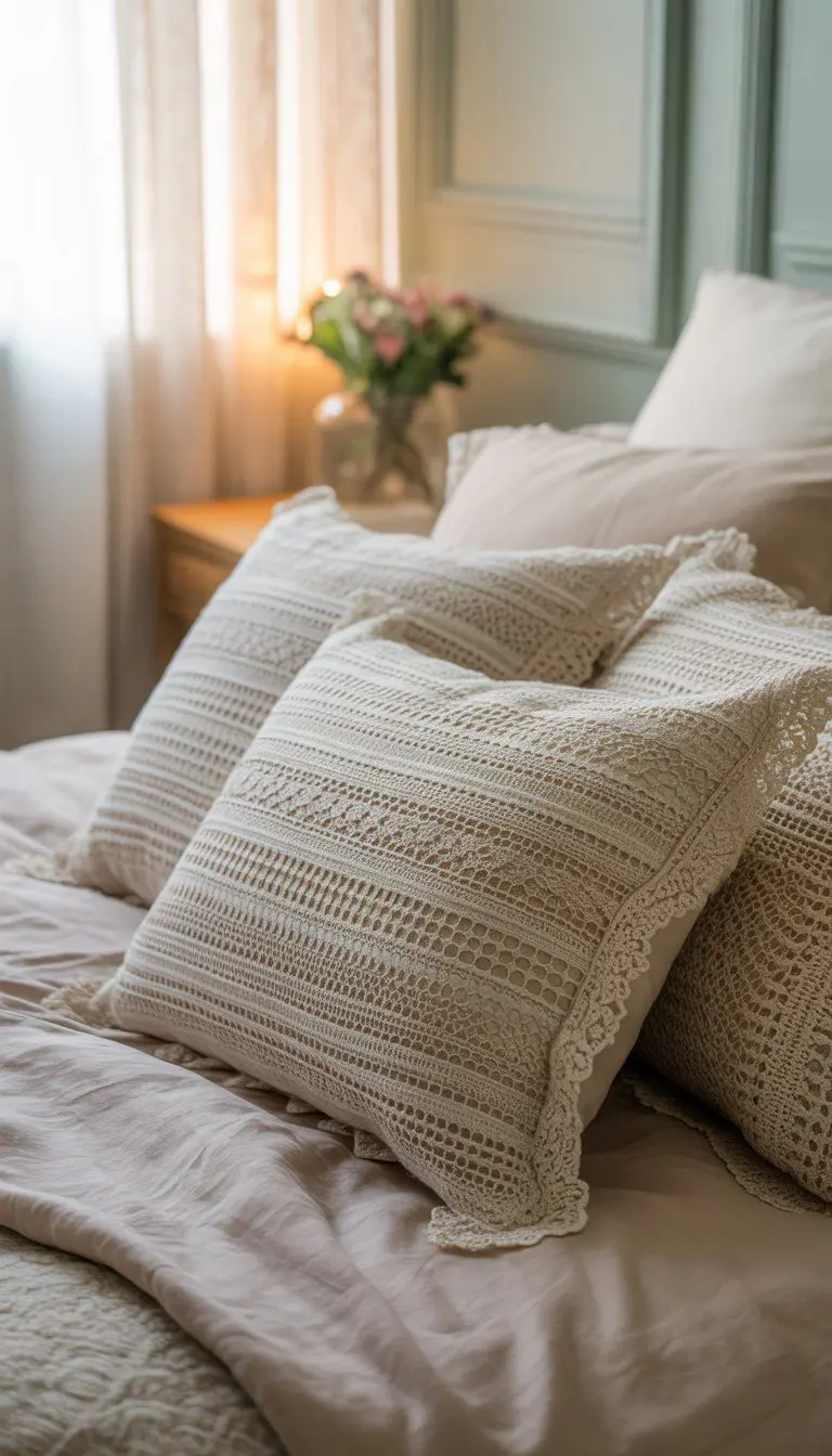 A bedroom with vintage lace throw pillows arranged on a bed and soft natural light coming through curtains.