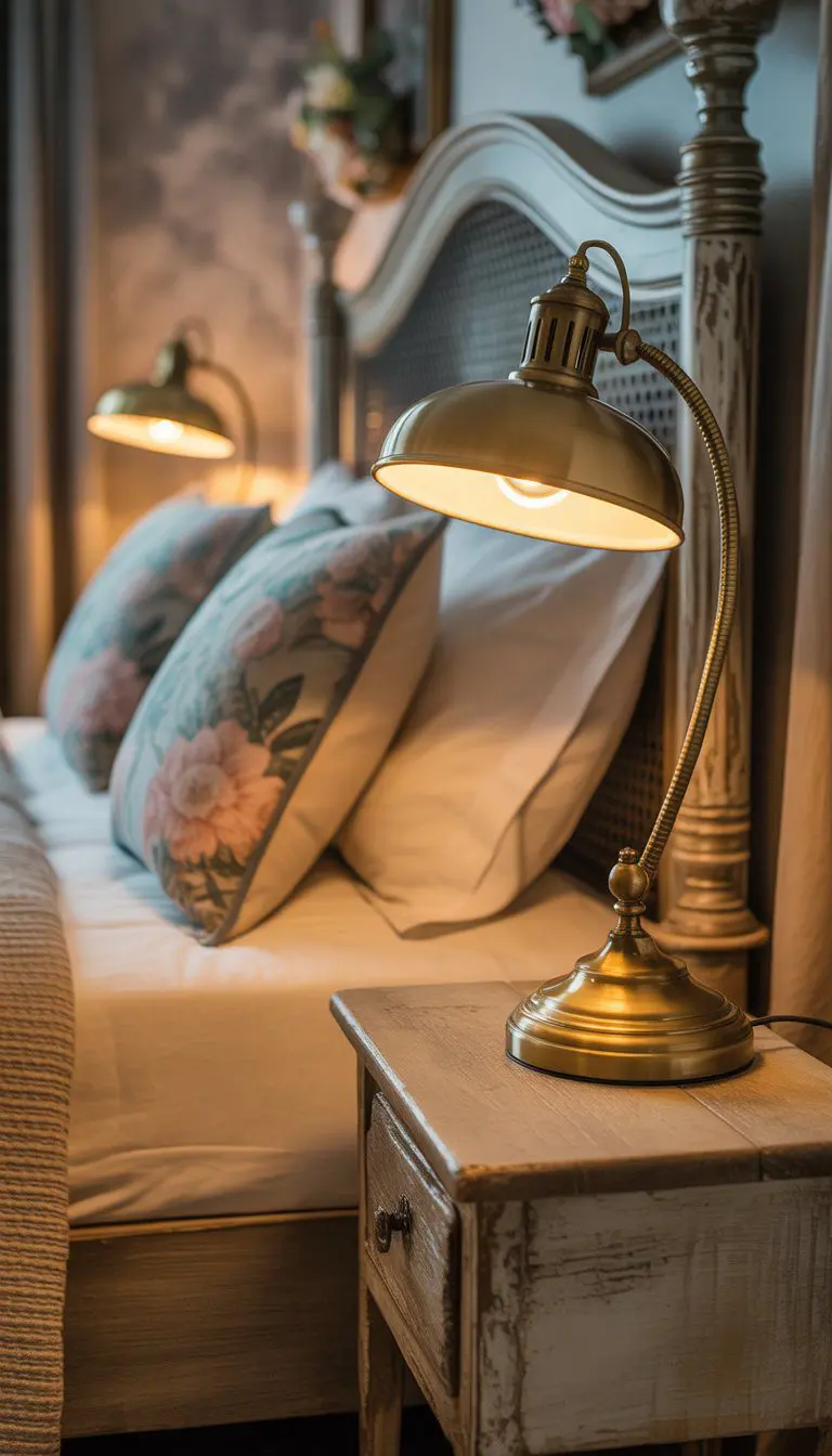 A cozy bedroom corner with antique brass bedside lamps glowing warmly on wooden nightstands next to neatly made beds.