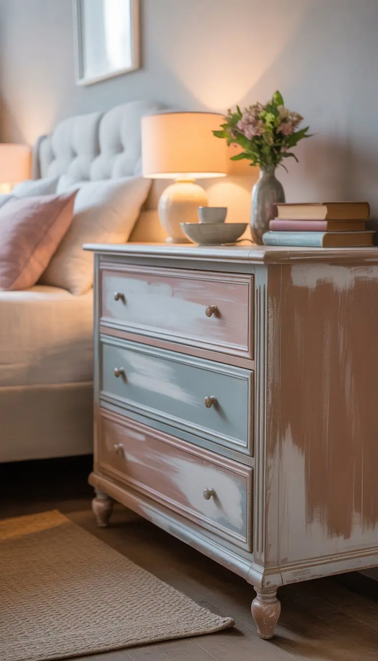 A bedroom with a painted dresser showing worn edges, decorated with flowers, books, and a lamp, next to a neatly made bed.