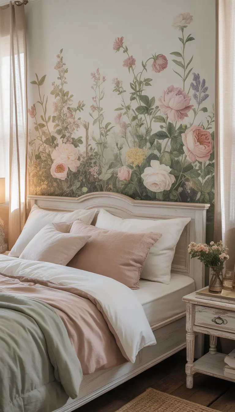 A cozy bedroom with floral wall art, a white wooden bed, soft bedding, and natural light coming through sheer curtains.