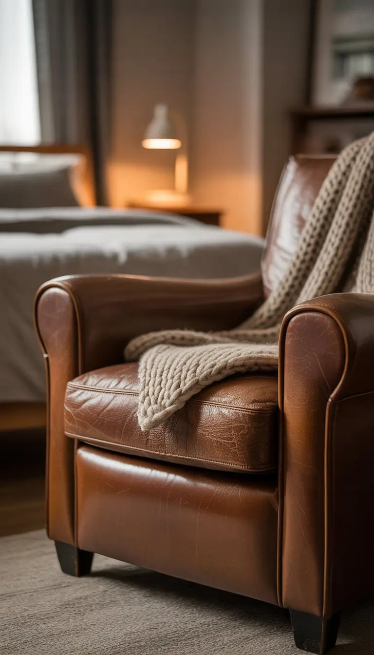 A worn leather armchair with a knitted throw draped over it in a softly lit bedroom.