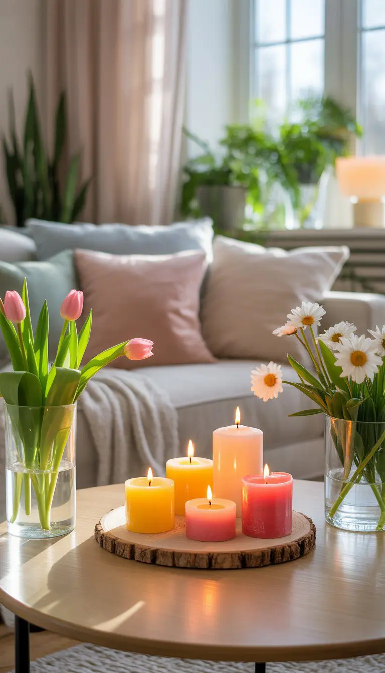 A sunlit living room with lit citrus and floral-scented candles on a coffee table surrounded by fresh flowers and green plants.