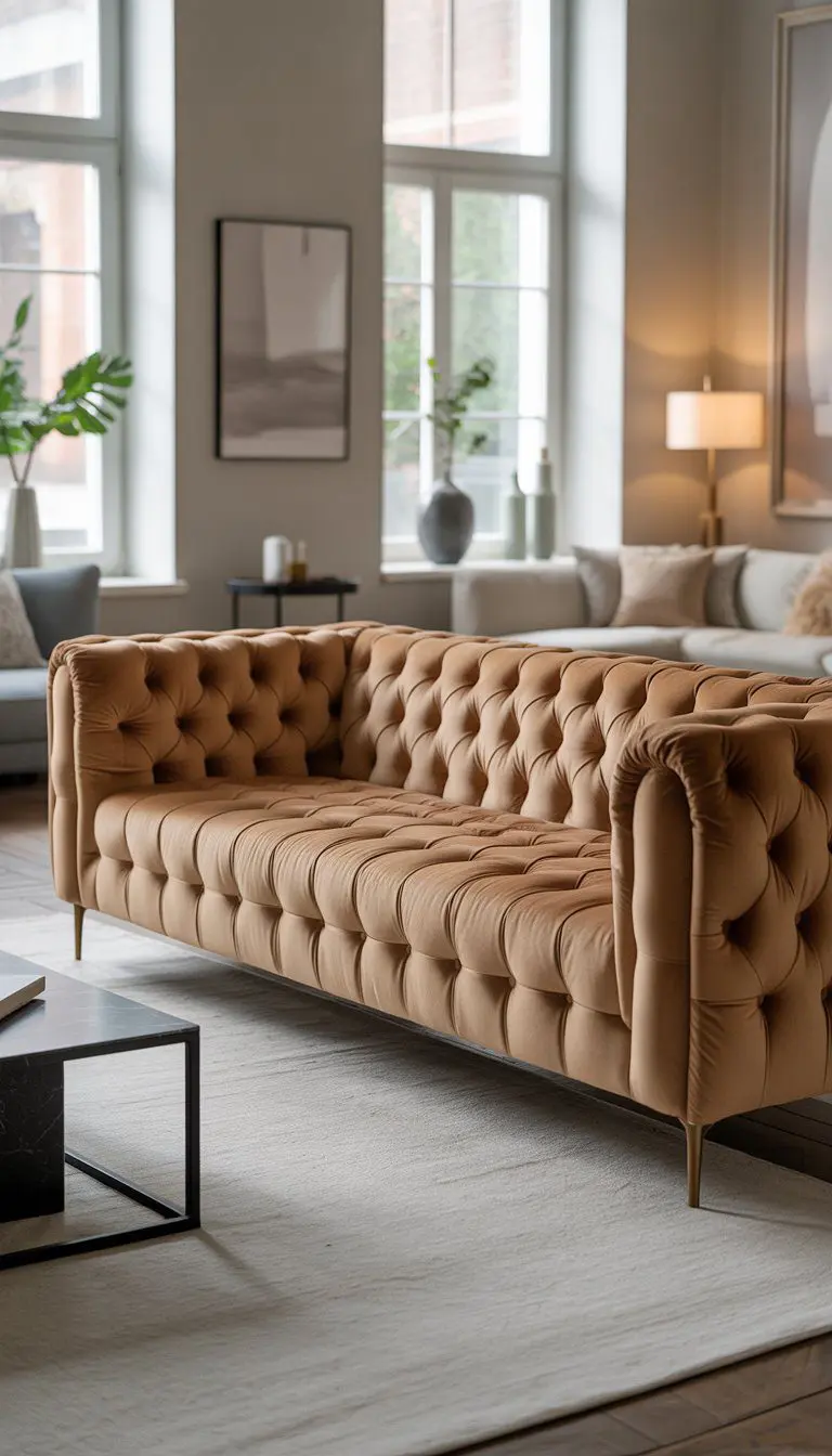 A living room with a velvet tufted sofa, coffee table, floor lamp, and plants near large windows.