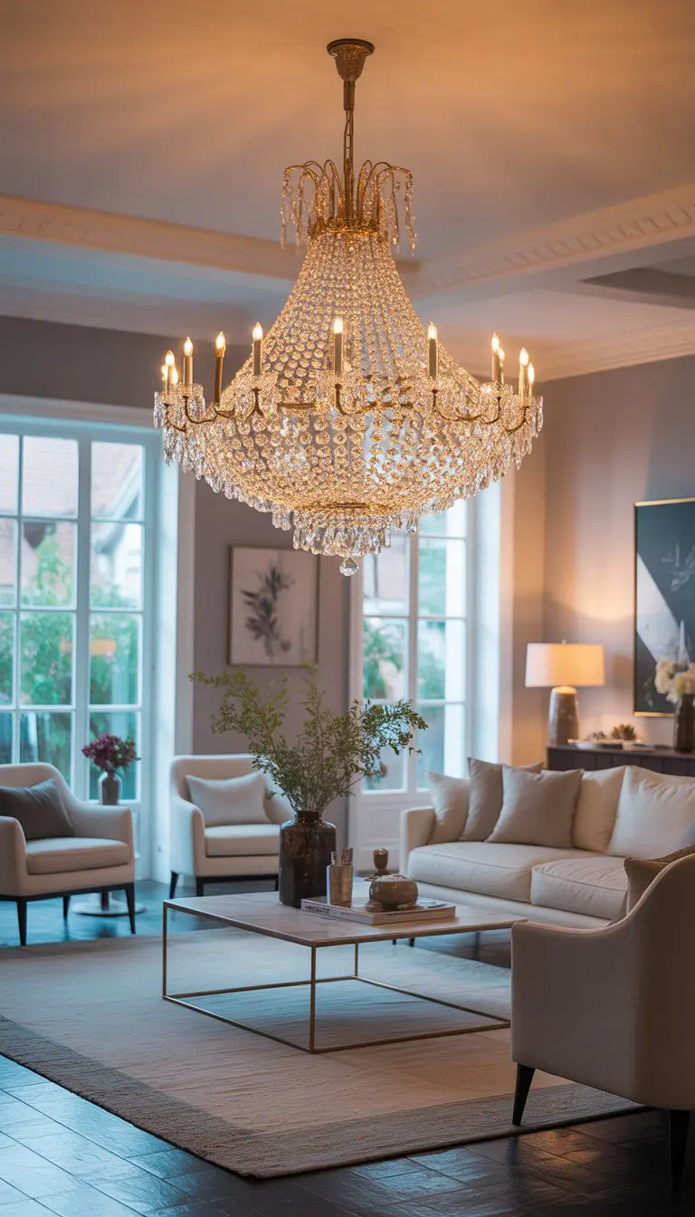 A spacious living room with a crystal chandelier hanging from the ceiling, comfortable seating, and natural light filling the space.