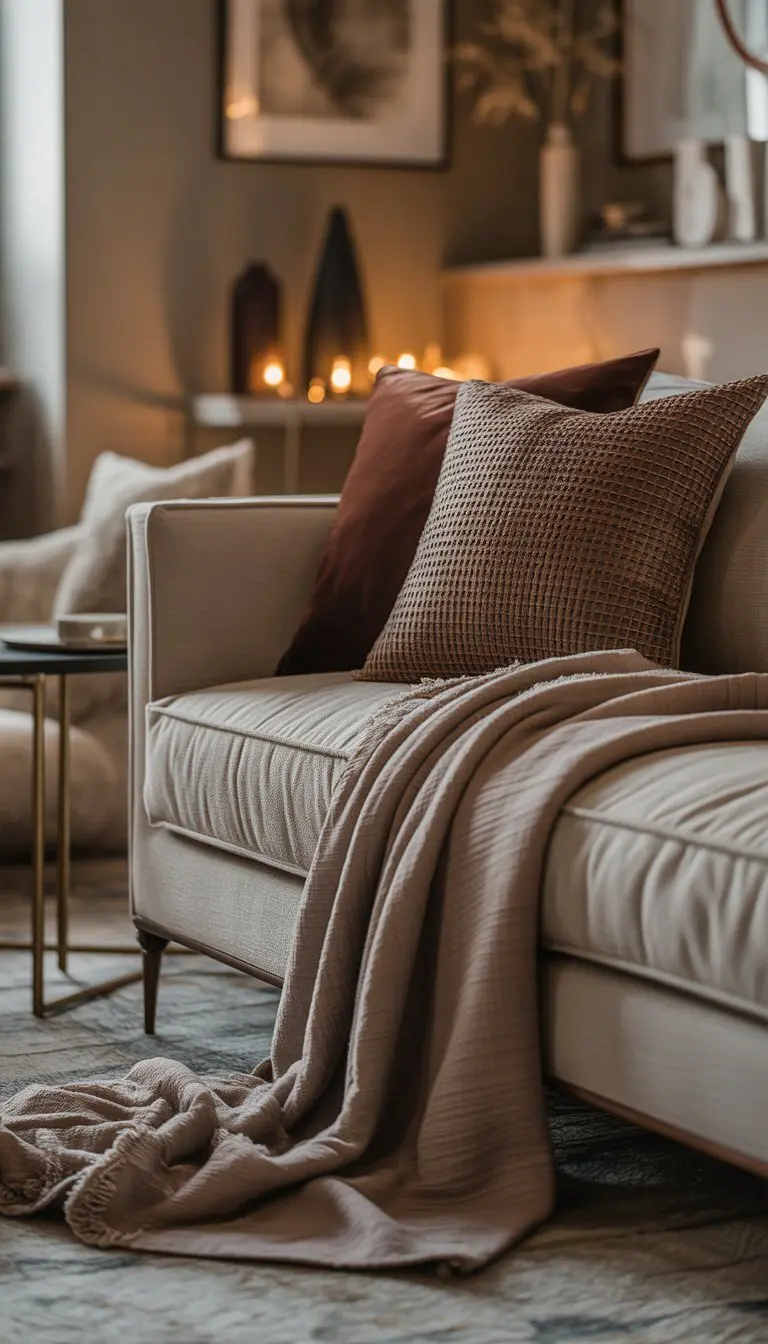 Living room with a sofa adorned with textured throw pillows and cozy blankets, a coffee table, and warm lighting.