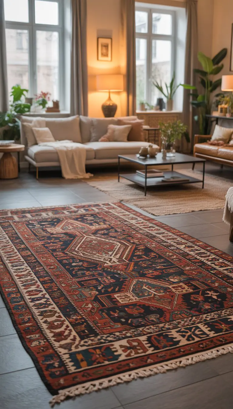 A living room with a sofa, coffee table, plants, and a patterned rug on the floor.