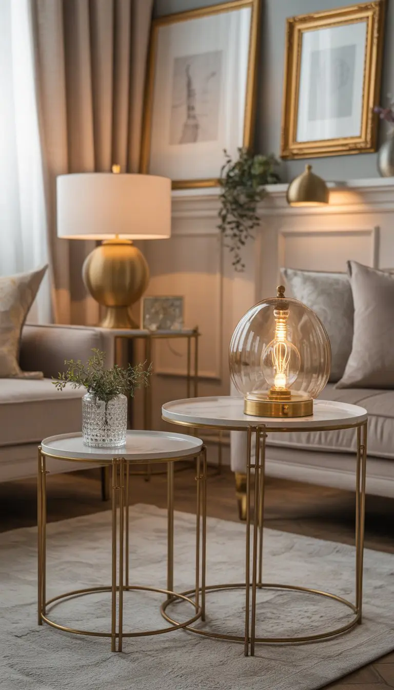 A living room with a sofa, side tables, a lamp, and picture frames featuring gold and brass accents.