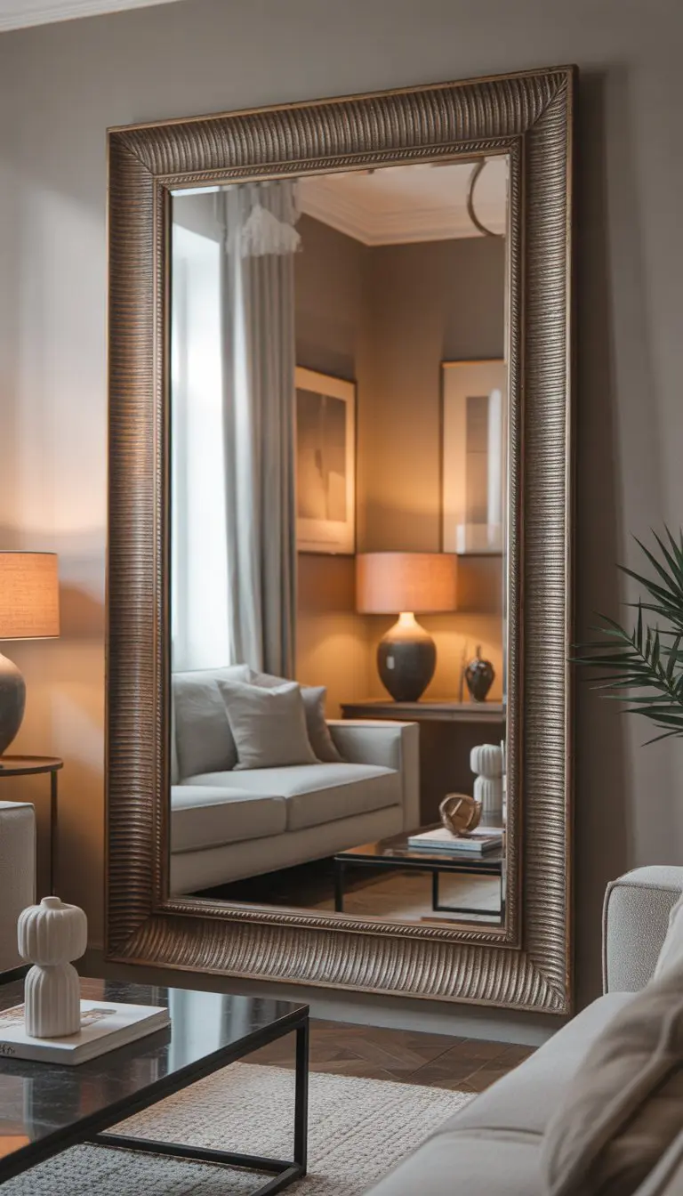 A living room with a large ornate framed mirror reflecting light and brightening the space.