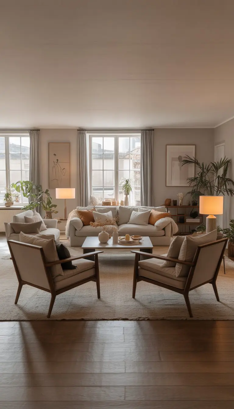 A living room with a sofa and two armchairs arranged around a coffee table, with natural light, plants, and decorative elements.
