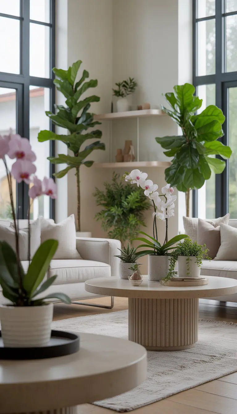 A bright living room with modern furniture and elegant green plants including fiddle leaf figs and orchids.
