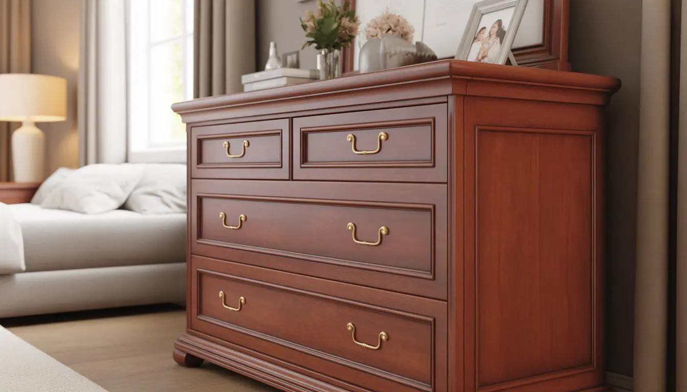 A cherry wood dresser with brass handles in a bedroom with natural light and decorative items on top.