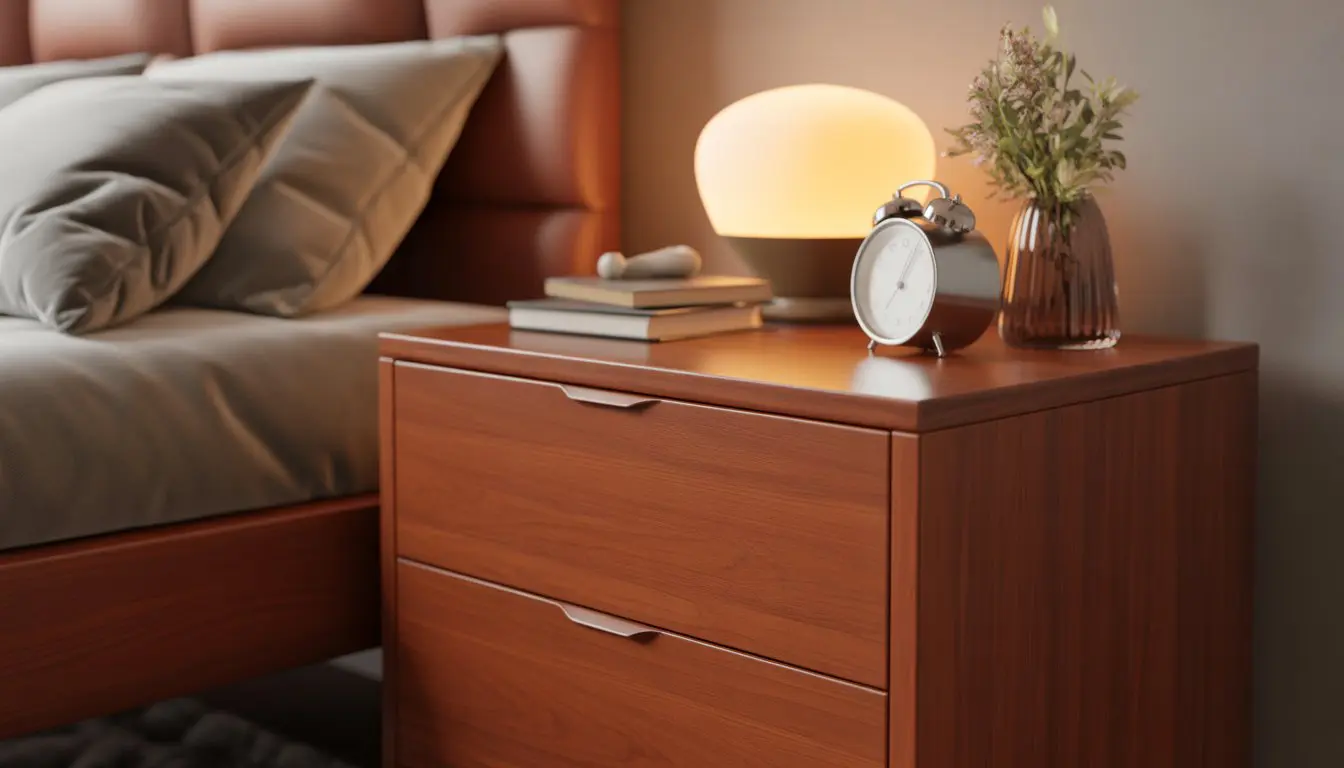 A bedroom with a cherry wood nightstand holding a lamp, books, an alarm clock, and a vase with flowers next to a neatly made bed.