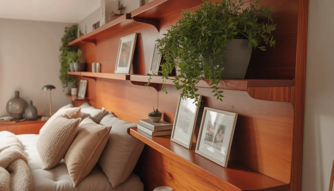 Bedroom with cherry wood wall-mounted shelves displaying photos and plants above a bed.
