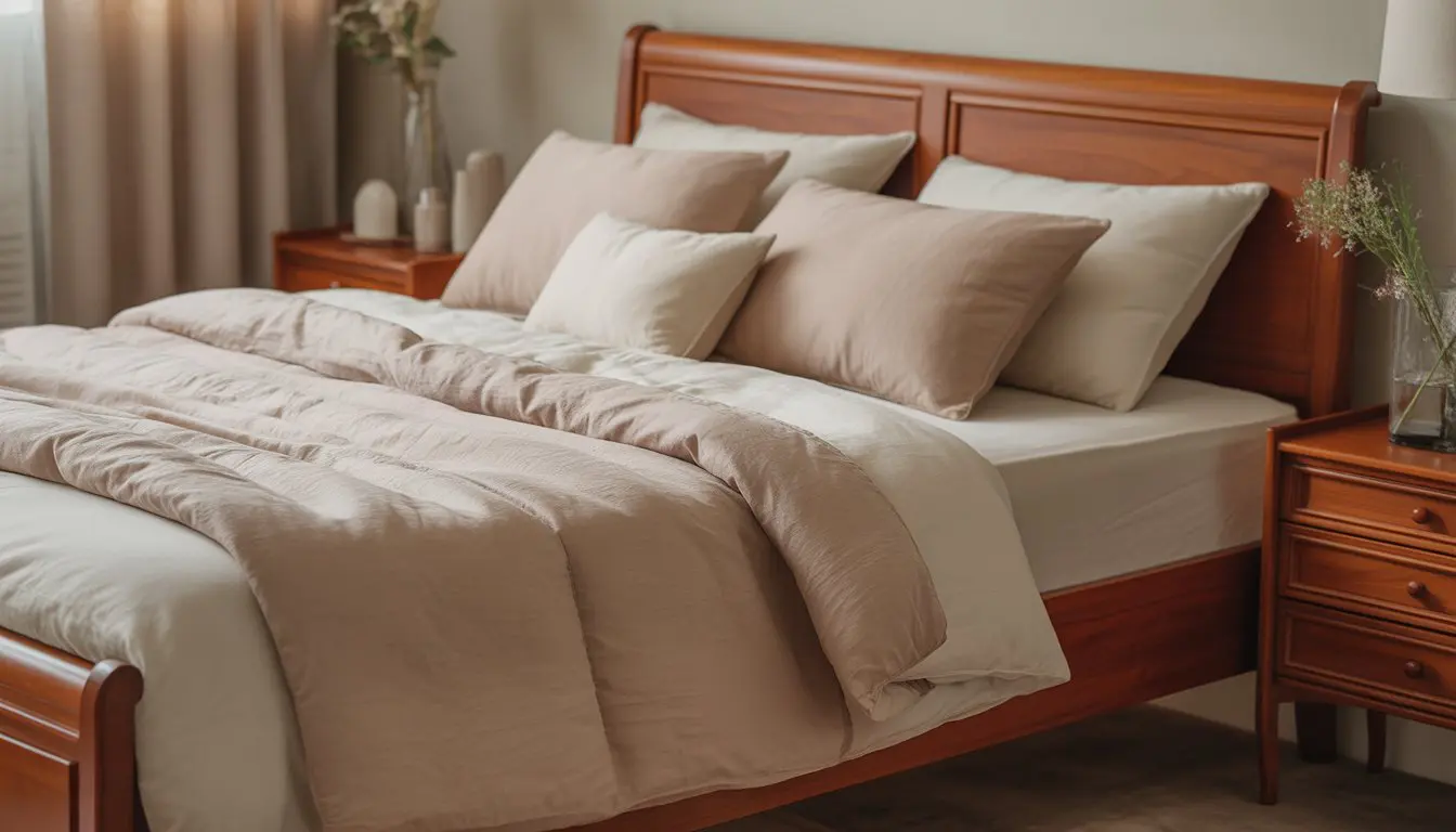 A bedroom with a cherry wood bed and nightstands, light beige linens, and soft natural lighting.