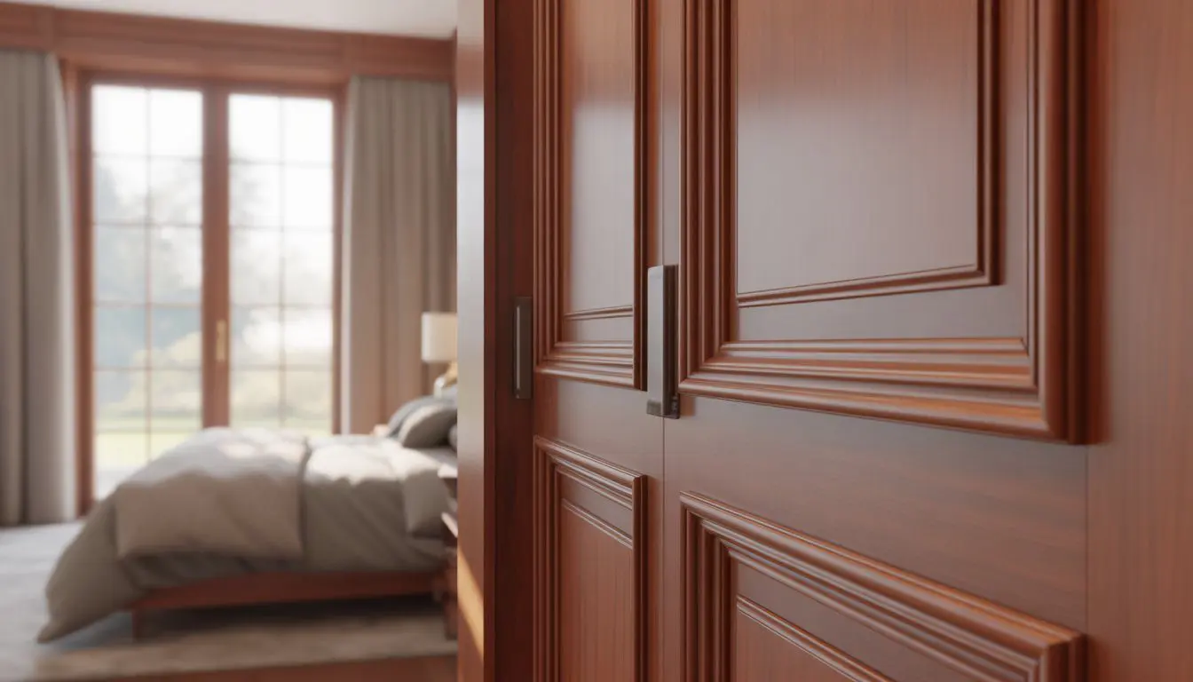 A bedroom interior with a window and door framed by cherry wood decorative moldings, showing warm wood tones and soft natural light.
