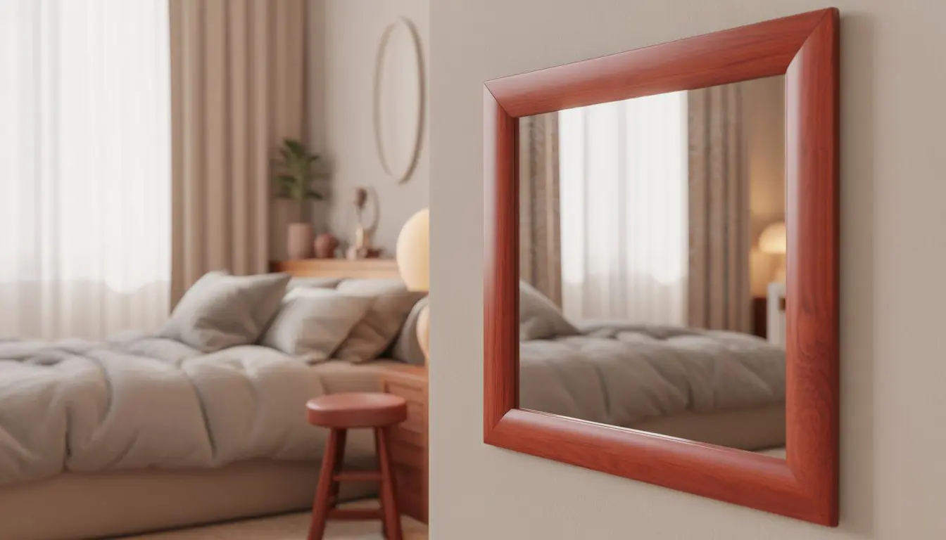 A bedroom with a cherry wood framed mirror and a small cherry wood stool near a bed with neutral linens.