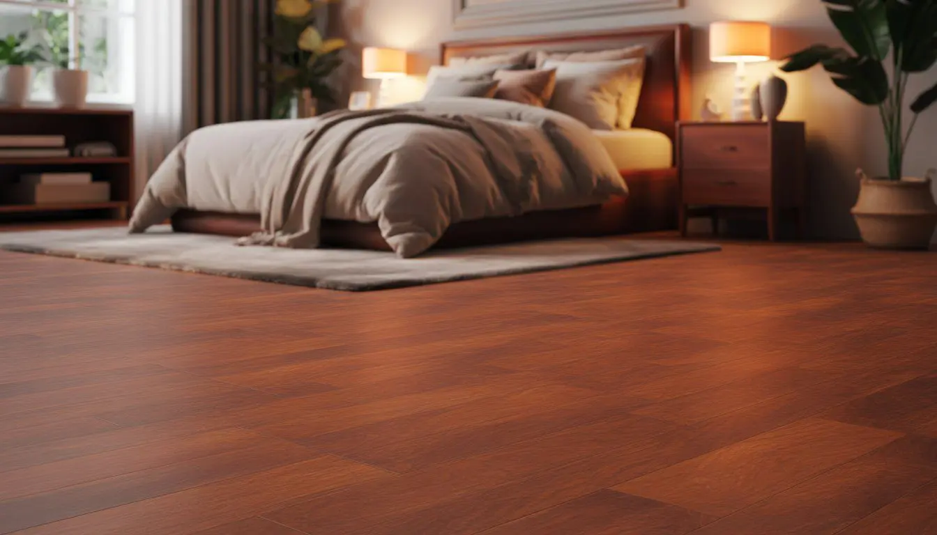 A cozy bedroom with polished cherry wood flooring, a neatly made bed, nightstands, soft lighting, and natural light coming through a window.