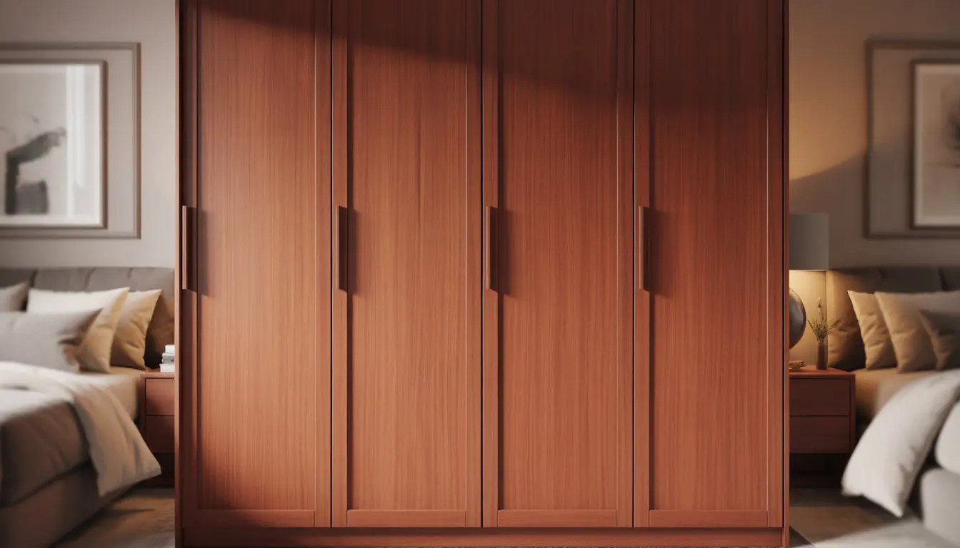 A bedroom with cherry wood wardrobe doors featuring sleek panels and warm natural lighting.