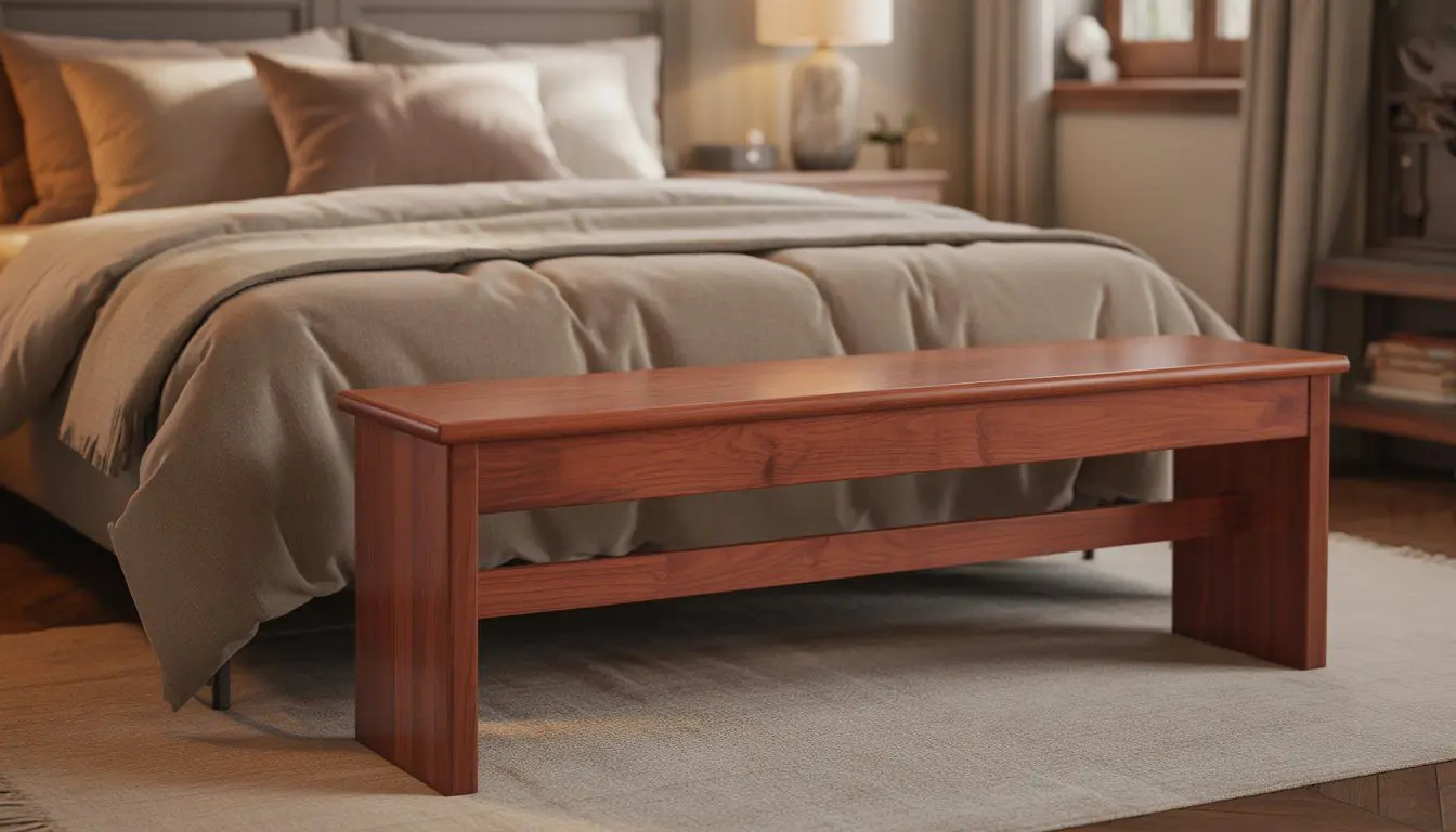 A bedroom with a cherry wood bench at the foot of a neatly made bed, illuminated by natural light.