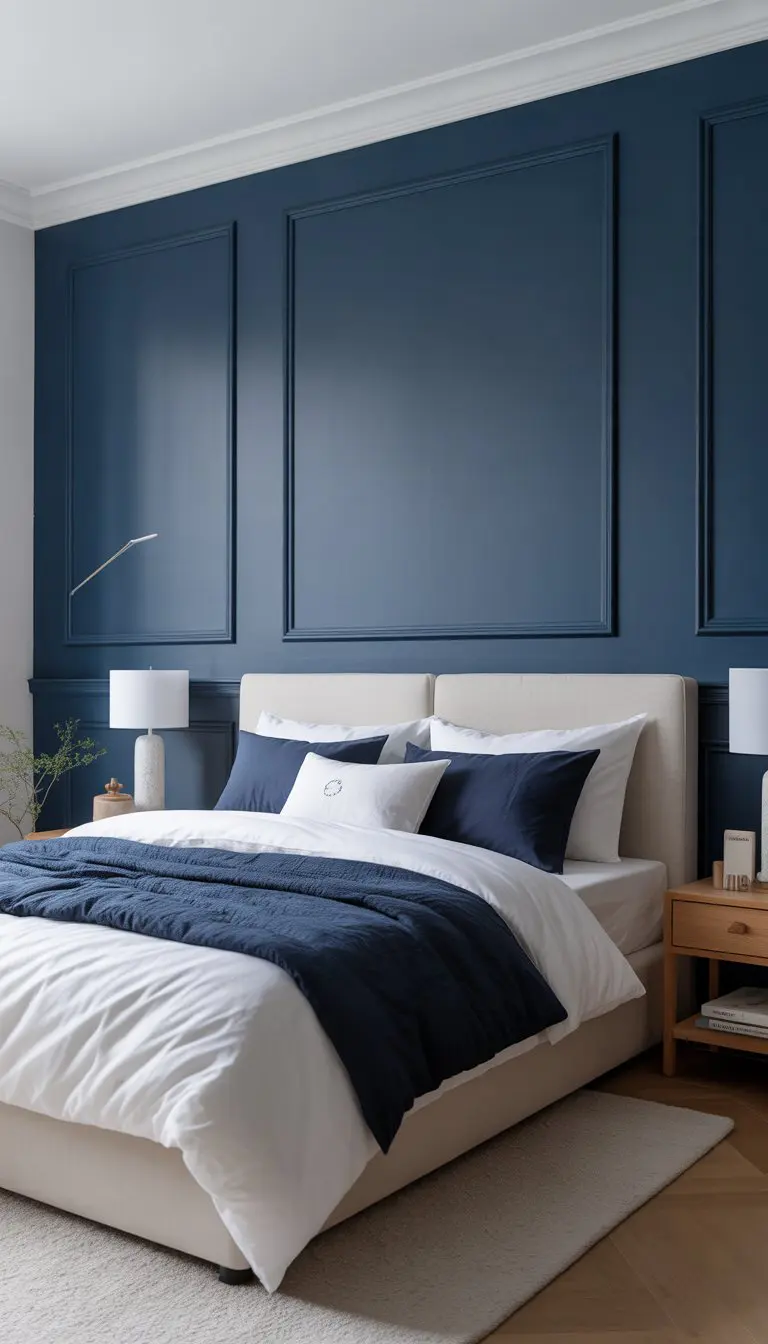 A bedroom with a navy blue accent wall and white trim, a bed with navy and white bedding, bedside tables, and soft natural lighting.