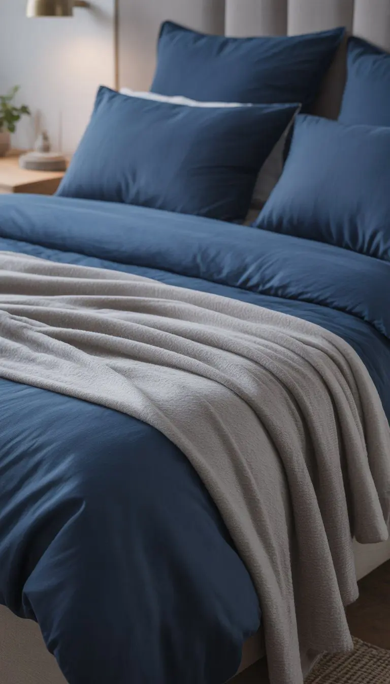 A bed with navy blue bedding and soft gray throws in a bedroom setting.