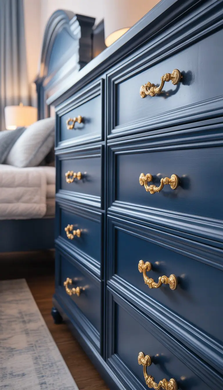 A bedroom with navy blue dressers featuring gold drawer handles and knobs, surrounded by soft bedding and minimal decor.