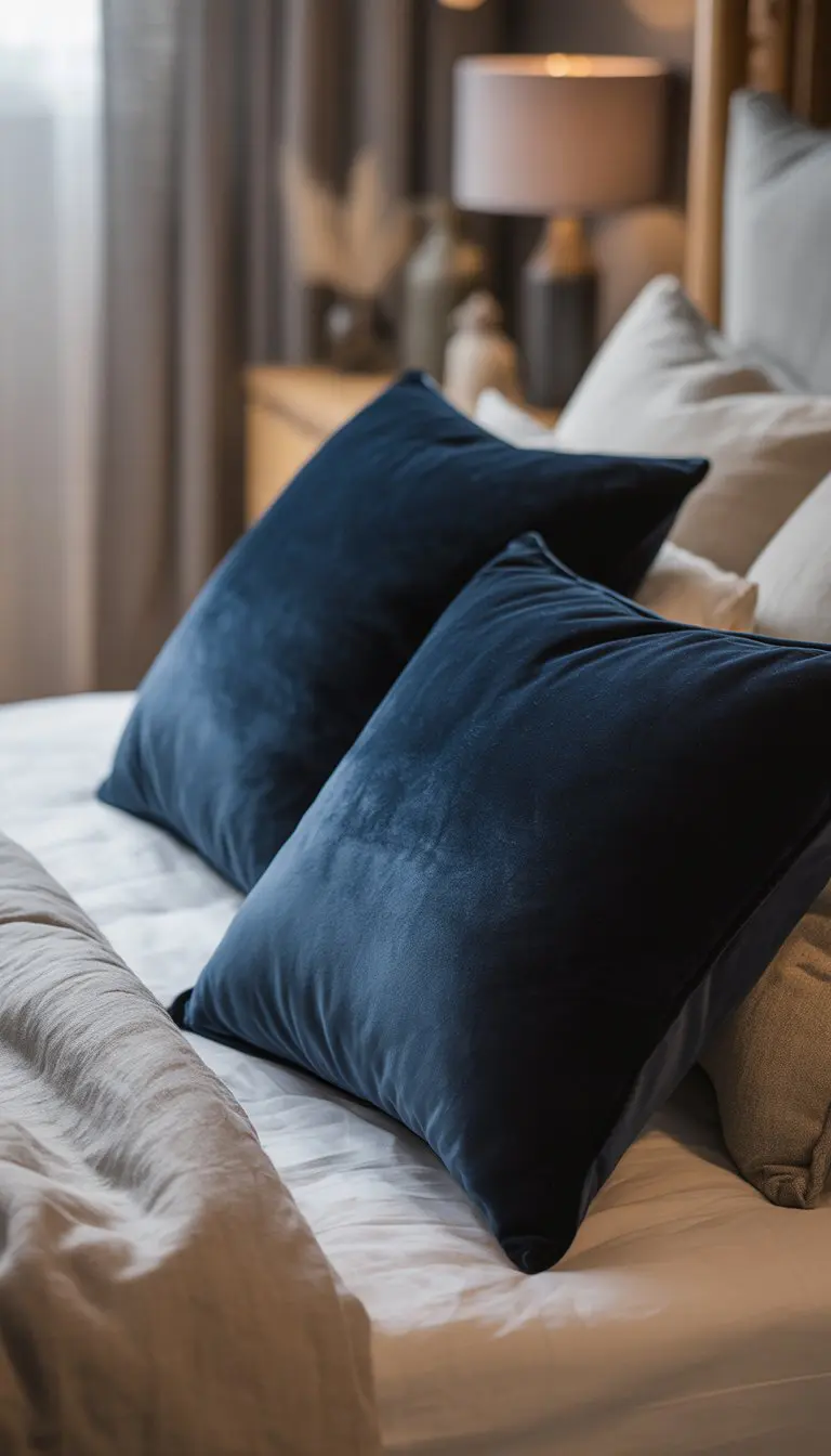 A bedroom with navy blue velvet throw pillows on a neatly made bed with neutral linens and soft natural light.