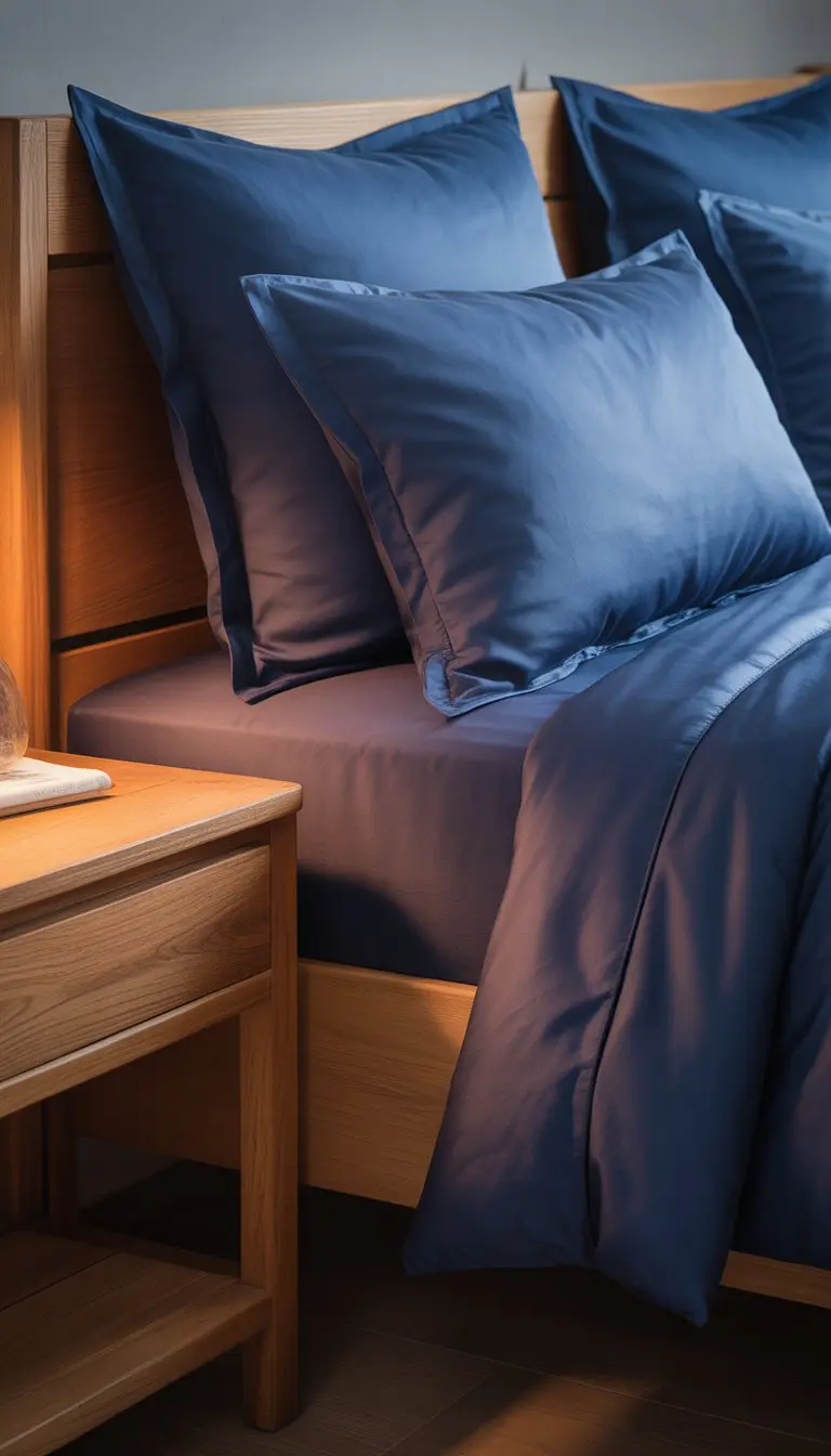 A bedroom with wooden bedside tables and a bed dressed in navy blue linens.