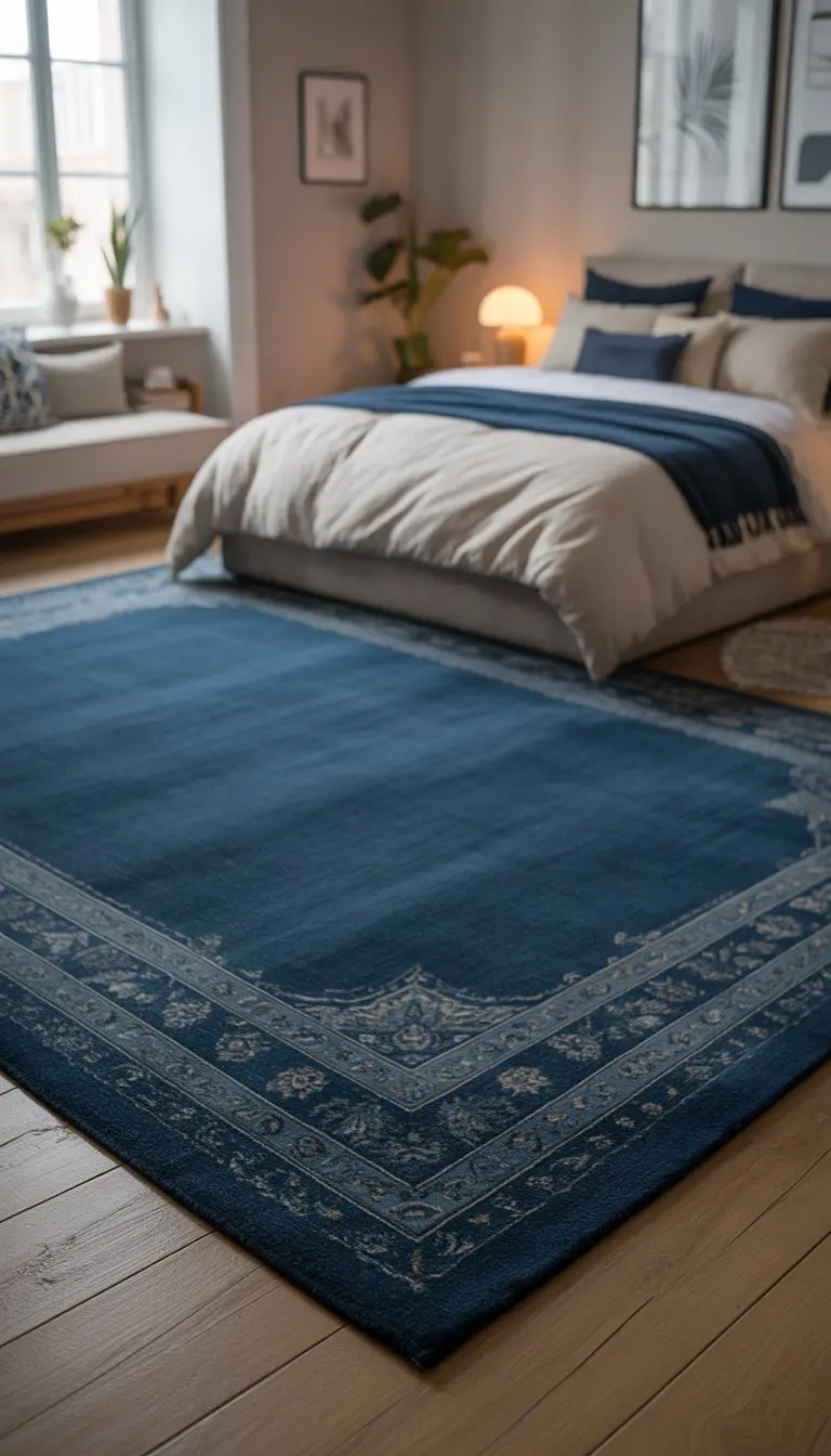 A bedroom with a navy blue patterned rug on the floor, a bed with bedding, a bedside table, and natural light coming through a window.