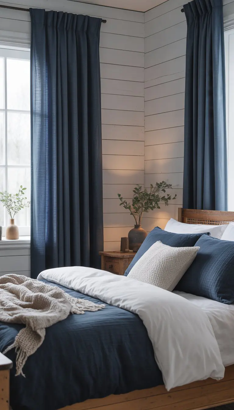 A bedroom with white wooden walls and navy blue curtains, a neatly made bed, and wooden furniture.