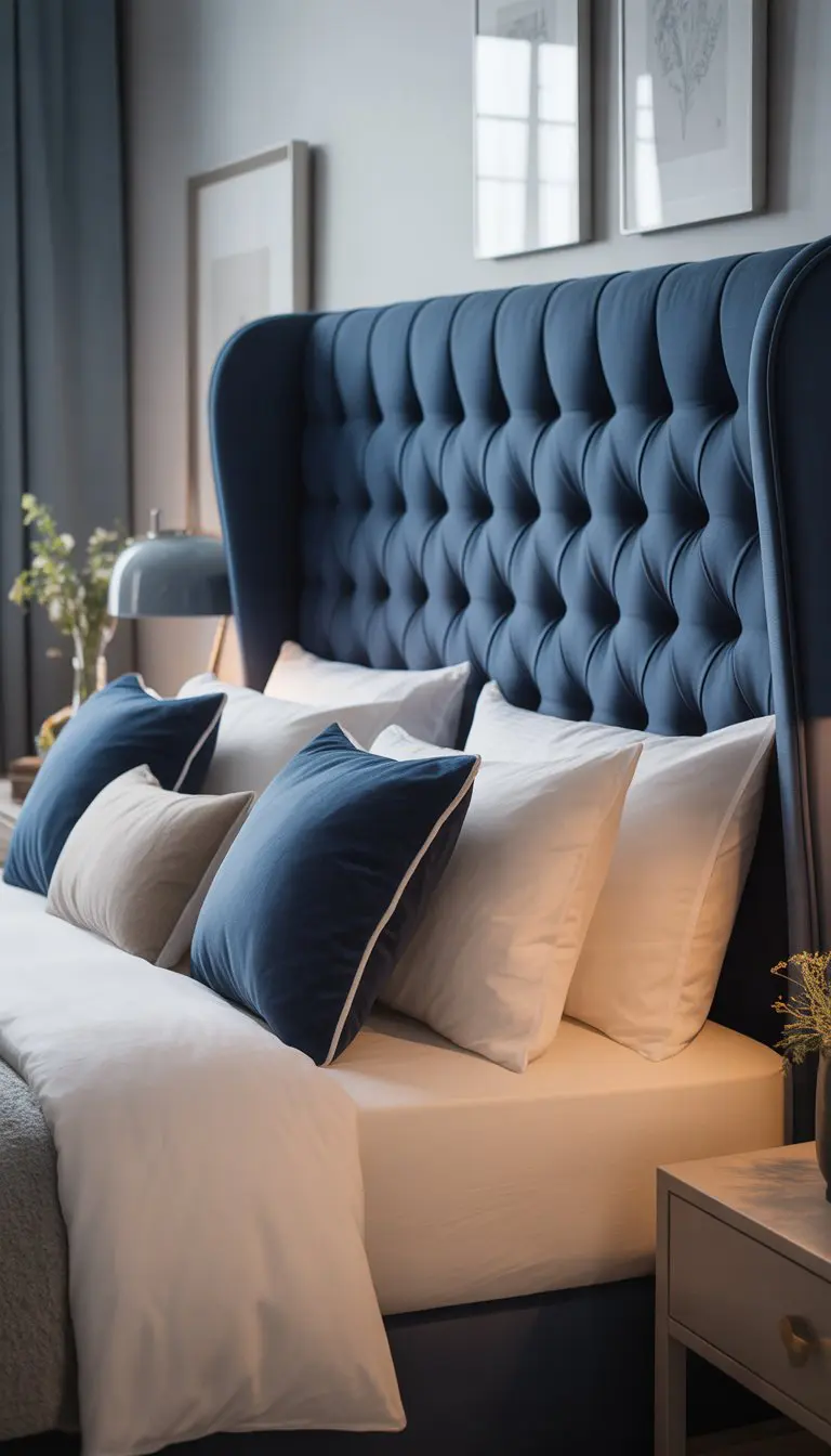 A bedroom with a navy blue tufted headboard, a neatly made bed, and soft natural light coming through a window.