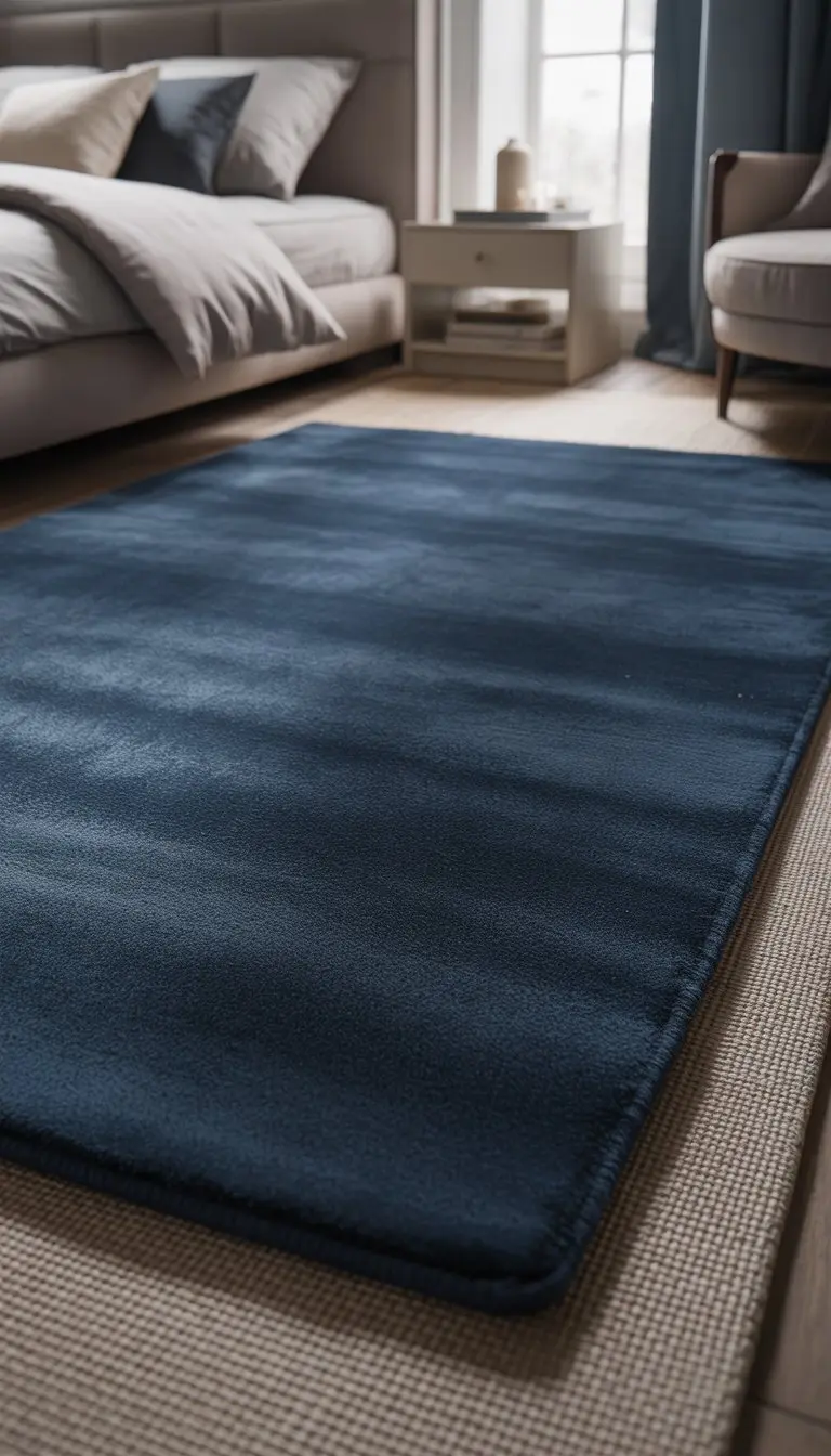 A navy blue area rug placed over neutral-colored flooring in a bedroom with part of a bed and furniture visible.