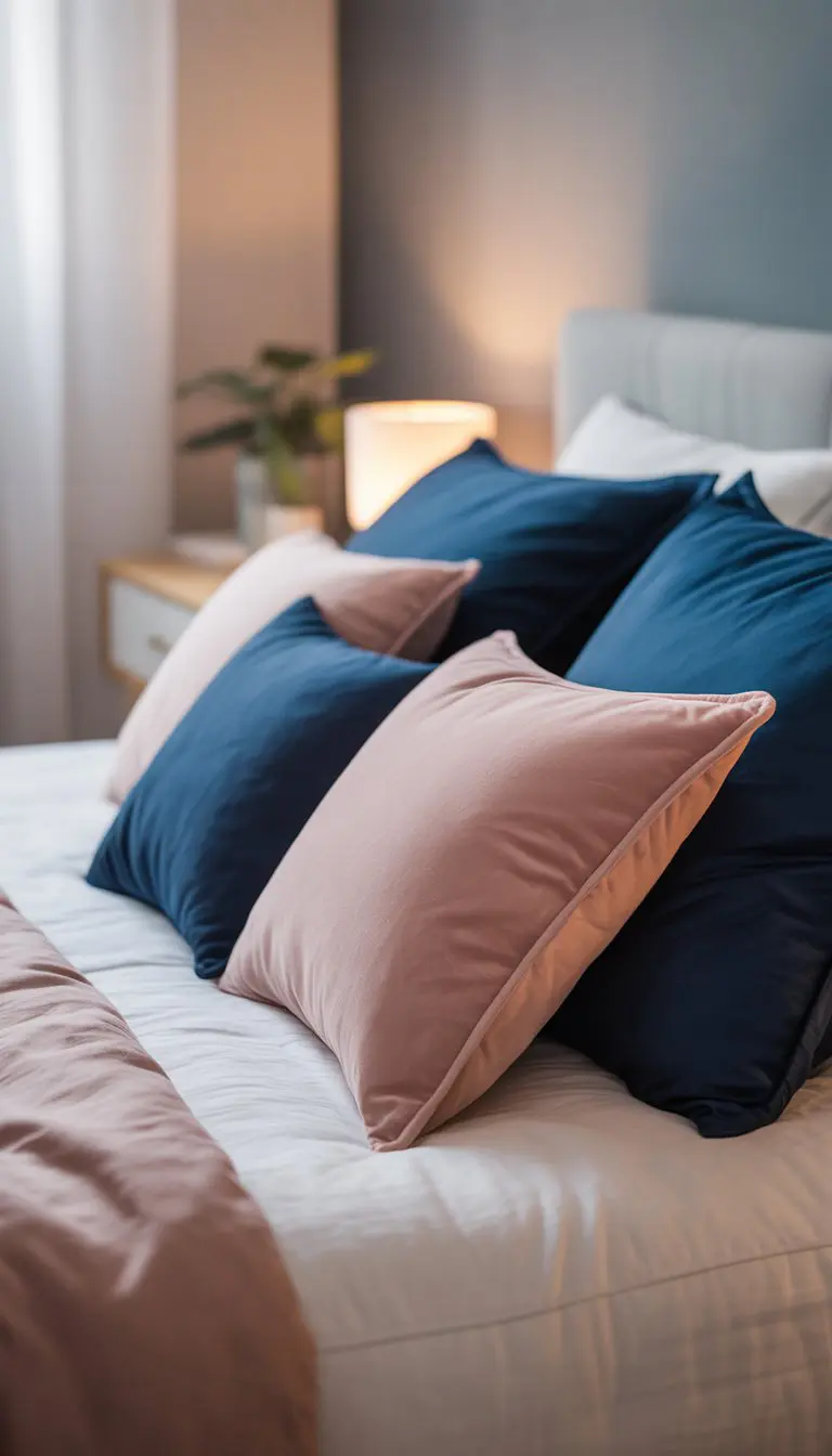 A bed with navy blue and blush pink accent pillows arranged on white bedding in a softly lit bedroom.