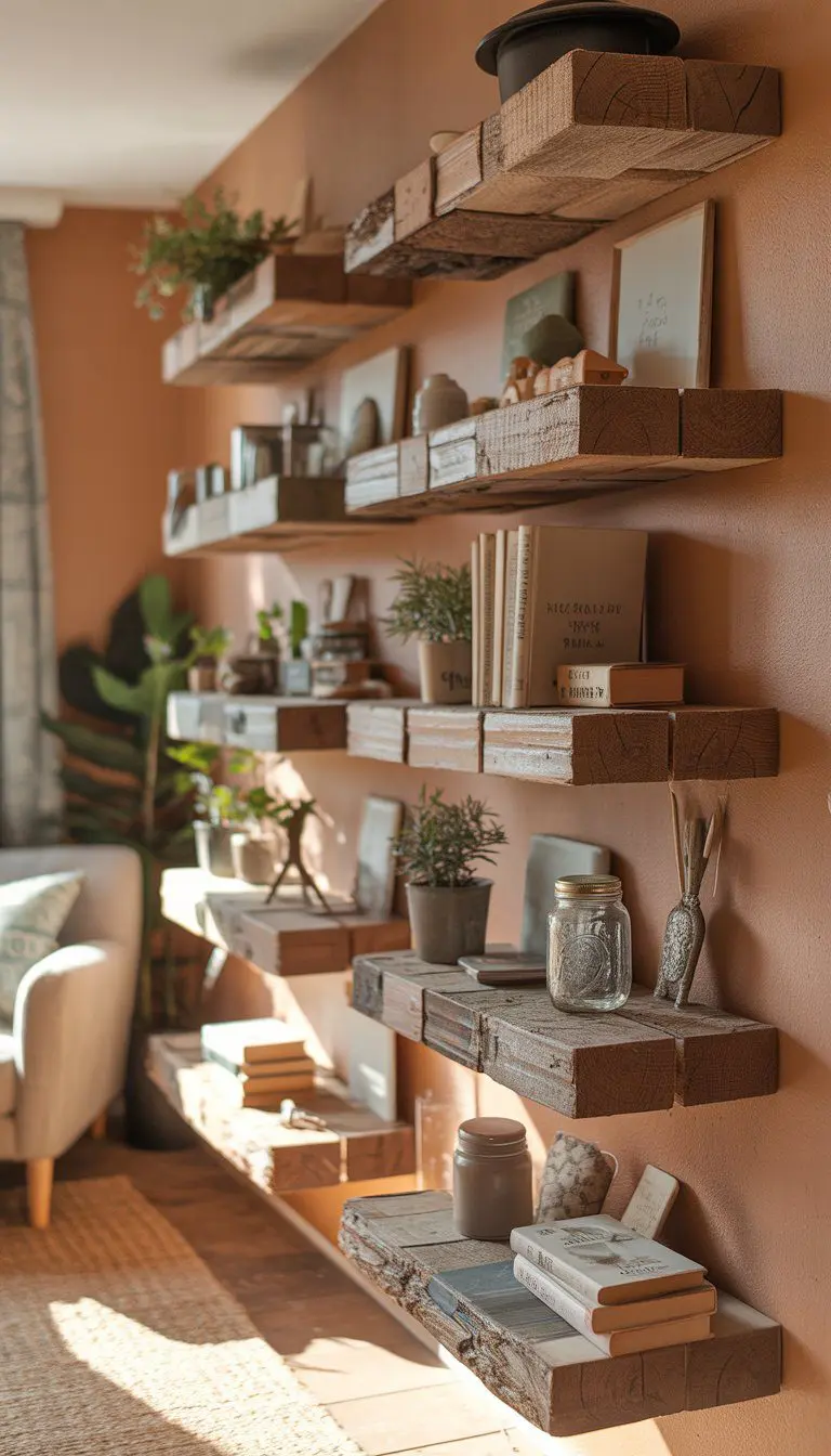 Rustic floating wooden shelves mounted on a wall holding plants, books, and decorative items in a cozy room.