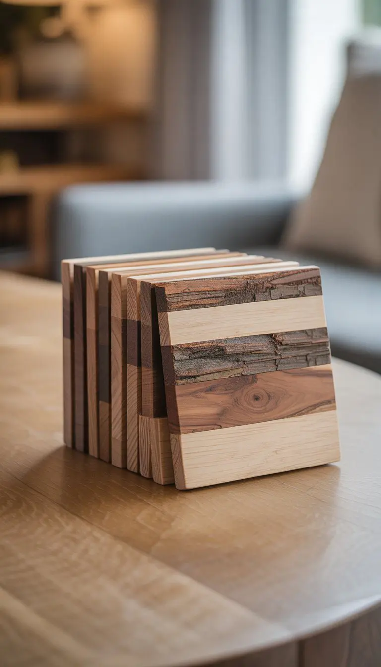A set of handmade wooden coasters arranged on a wooden table surface.