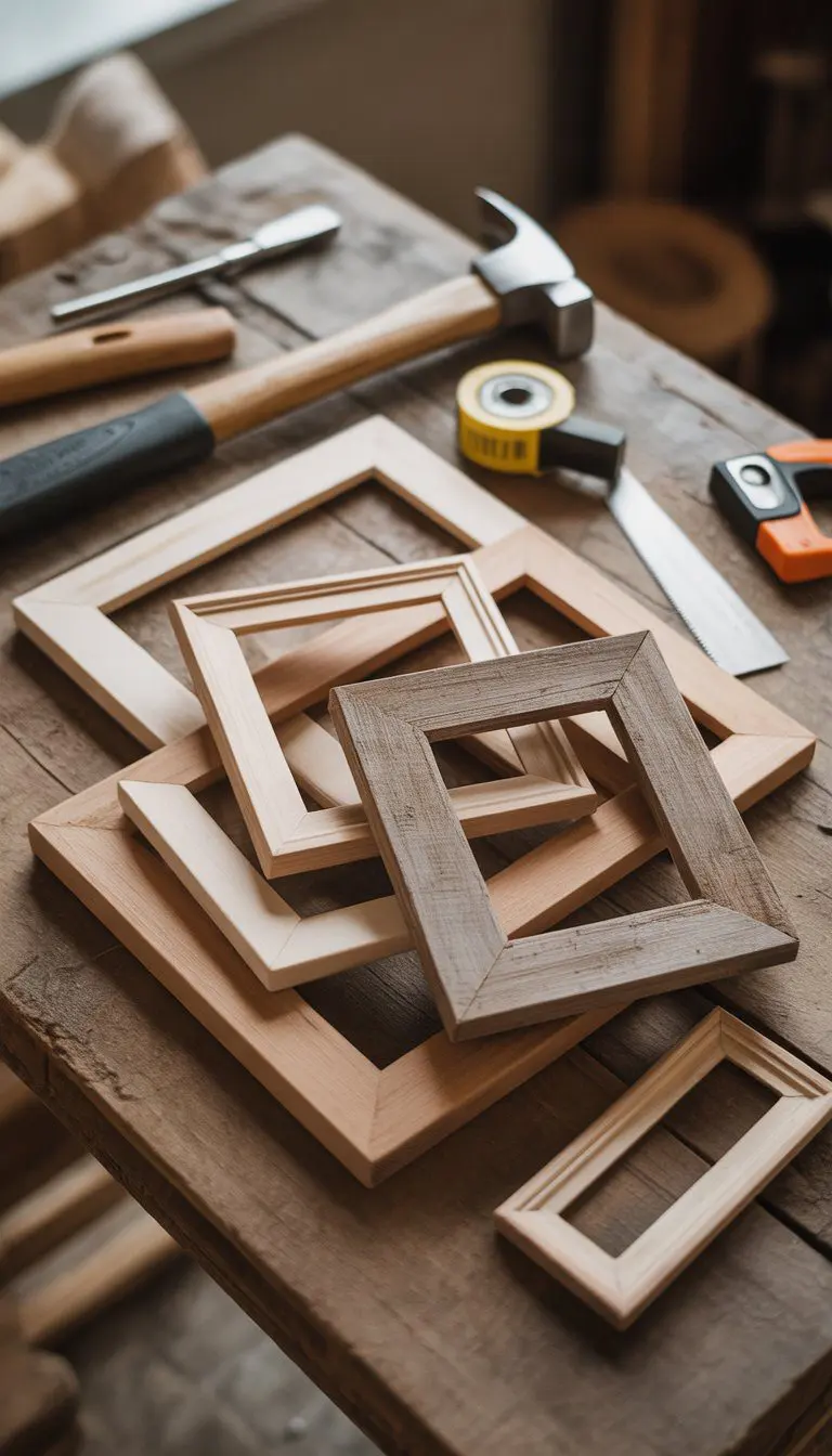 A collection of handmade scrap wood picture frames on a wooden table with woodworking tools nearby.