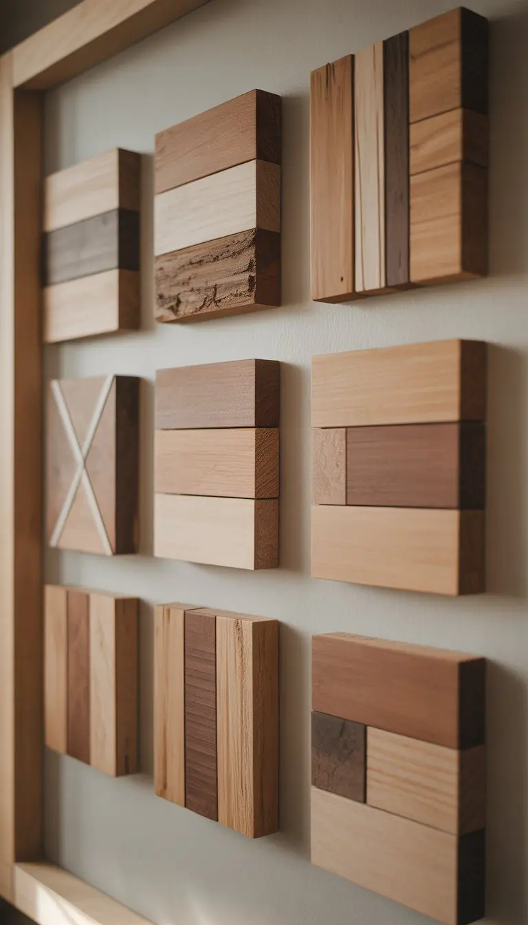 A set of wooden wall art panels with geometric patterns displayed on a light wall.