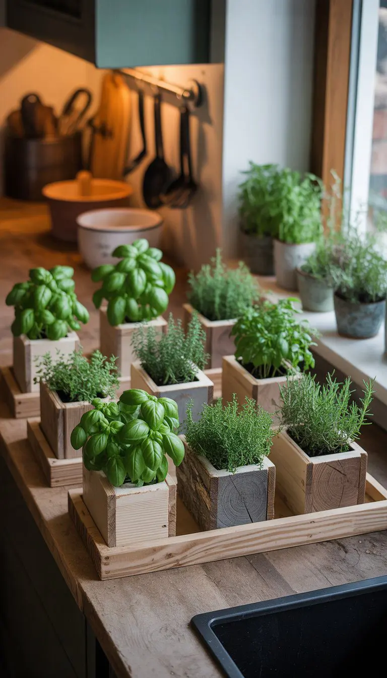 A kitchen windowsill displaying twelve small wooden herb planter boxes filled with green herbs.