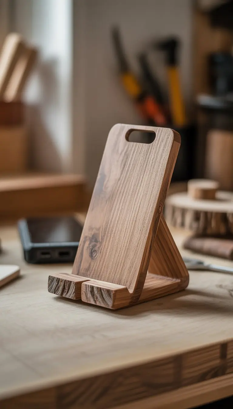 A wooden phone or tablet stand made from scrap wood placed on a wooden surface with a blurred background of a workspace.
